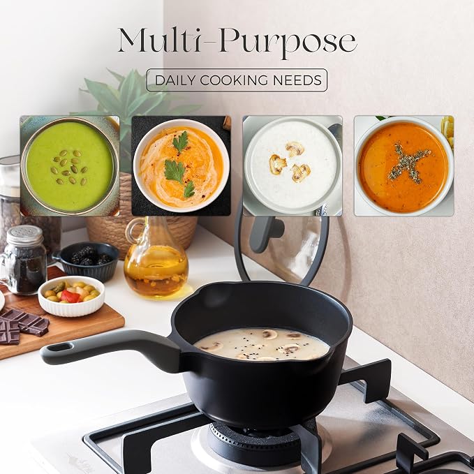 PRICUSIS Ceramic Nonstick Saucepan with Lid, 1.3 Quart Non Toxic Pot with Pour Spouts, Full Coated, 100% Dishwasher Safe, Induction Compatible, PTFE PFAS & PFOA Free, Coconut White