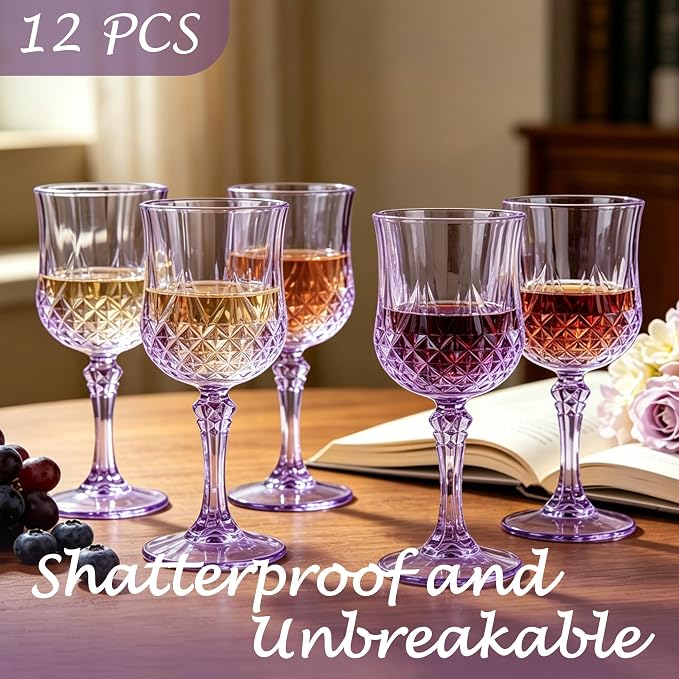 12Pack Plastic Wine Glasses, 7oz Vintage Goblets for Wedding | Unbreakable Crystal Style Reusable Stemware, Elegant Purple Drinking Glass for Party Anniversary & Holiday Celebration