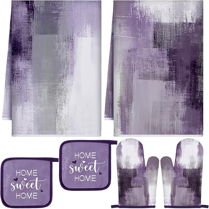Bencailor 6 Pcs Lavender Purple Kitchen Accessories Purple Kitchen Towels Pot Holders and Oven Mitts Farmhouse Cooking Mittens Oven Glove and Potholder for Baking Cooking Grilling Supply Accessories