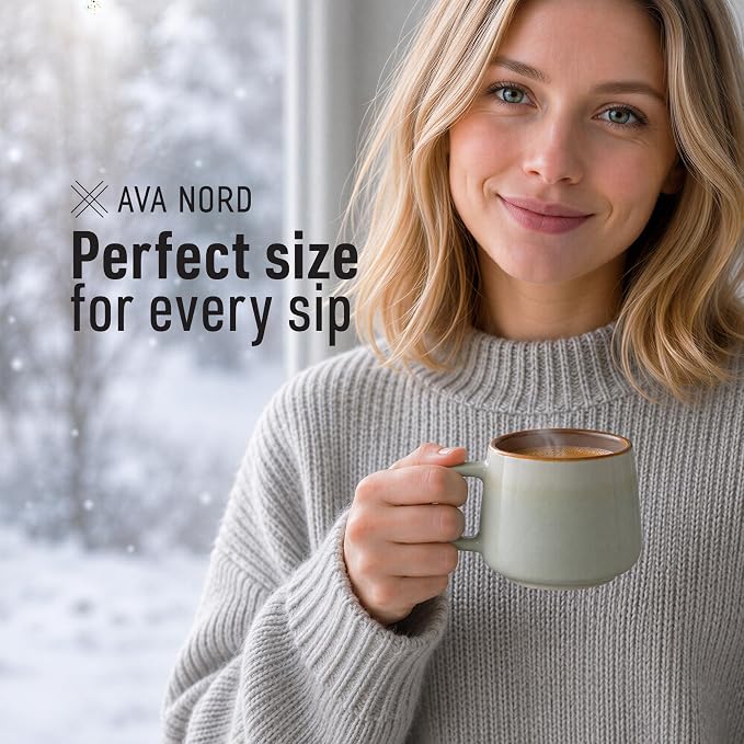Ava Nord Small Stoneware Ceramic Coffee Mugs Set of 4 | 6 oz | Sage Ash | Lead-Free, Non-Toxic, Freezer - Microwave & Dishwasher Safe, Comfortable Handle, Aesthetic Nordic Design for Cappuccino