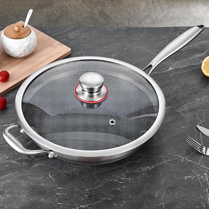 LOLYKITCH Hybird Nonstick Wok Pan with Lid | 12-Inch | Detachable Handle | Non Toxic | Tri-Ply Stainless Steel | Ceramic Coating | Stir Fry Pan | Induction Compatible | Dishwasher & Oven Safe