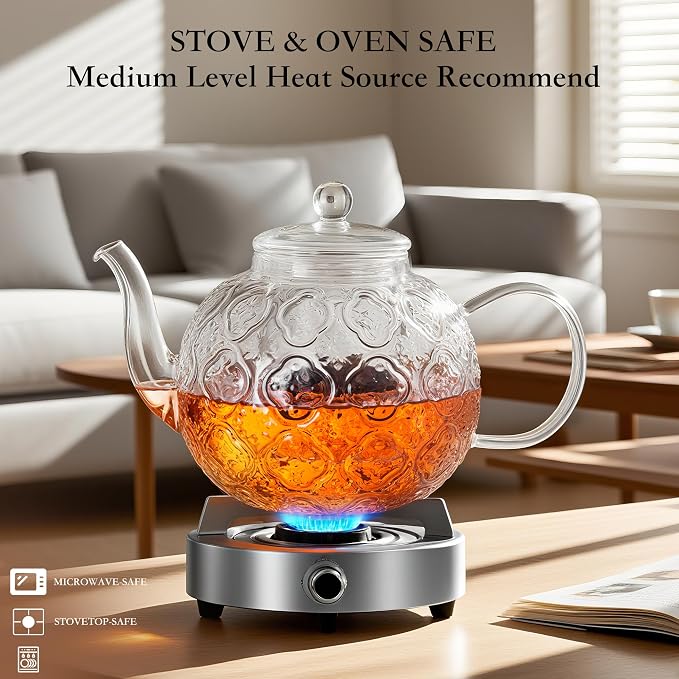 Glass Teapot with Removable Infuser-1500ml/50oz Clear GlassTea Pot for Stovetop, Borosilicate Microwave-Safe Glass Tea Kettle & Tea Maker for Blooming & loose Tea