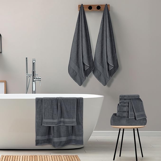 GLAMBURG Ultra Soft 24-Piece Towel Set - 100% Pure Ringspun Cotton, Contains 8 Oversized Bath Towels 27x54, 8 Hand Towels 16x28, 8 Wash Cloths 13x13- Ideal for Everyday use, Hotel & Spa- Charcoal Grey