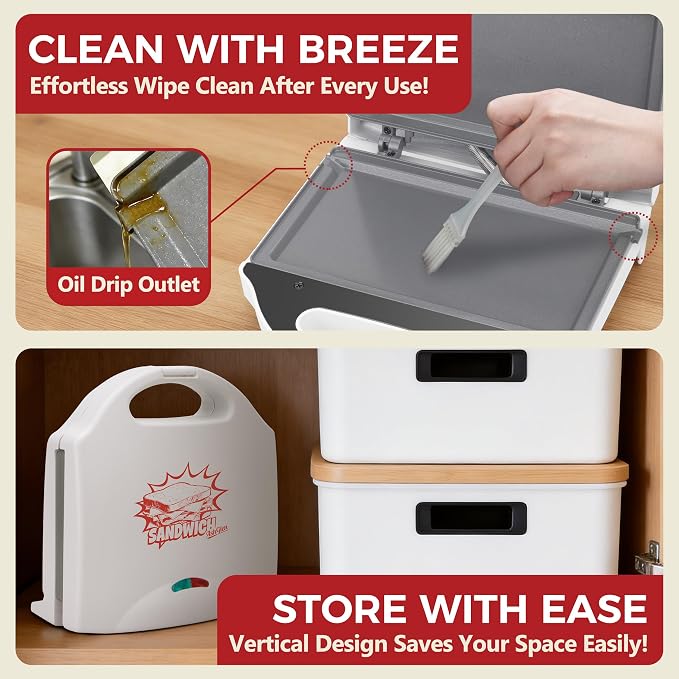 AshGlen Ceramic Mini Panini Press, Breakfast Sandwich Maker Press, Sandwich Press, 2-Slice Grilled Cheese Maker, Sandwichera Electrica, Panini Maker, Sandwich Toaster, PFAS-Free Ceramic Coating, White