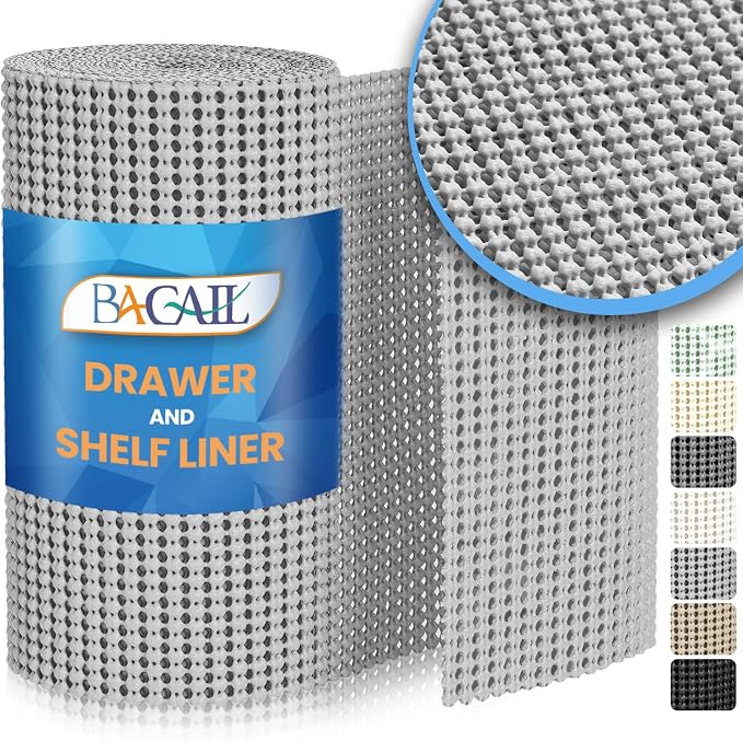 BAGAIL Non-Adhesive Shelf Liner, Thick Strong Grip Drawer Liners for Kitchen Cabinets, Heavy-Duty Easy Cut Cabinet Liners for Shelves, Pantry, Bathroom Cupboards - 12" x 10FT, LightGrey