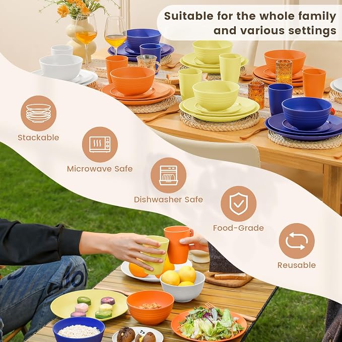 40-Piece Wheat Straw Dinnerware Sets, Unbreakable Reusable Dinnerware Set, Service for 8, Kitchen Cups Plates and Bowls Set, Dishwasher Microwave Safe Dishes Set for Camping, Party - Mondrian