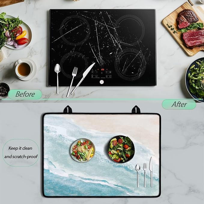 Beach Theme Stove Top Covers for Electric Stove Blue White Sea Ocean Waves Nature Scenery Glass Top Gas Stove Pad Heat Resistant Range Cooktop Mat for Kitchen 28"x20"