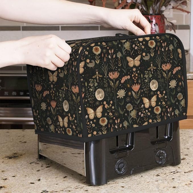 2 Slice Toaster Cover Vintage Butterfly Moon Flower Dust Proof Washable Kitchen Appliance Cover with Pocket, Oxford Fabric Countertop Toaster Protector for Standard Toasters Small Appliances