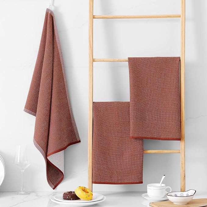 Homaxy 380 GSM Cotton Premium Kitchen Towels 12 Pack, 18"x 28", Rust | Flat and Terry Dish Towels, Highly Absorbent Tea Towel Set with Hanging Loop, Soft Utility Kitchen Hand Towels