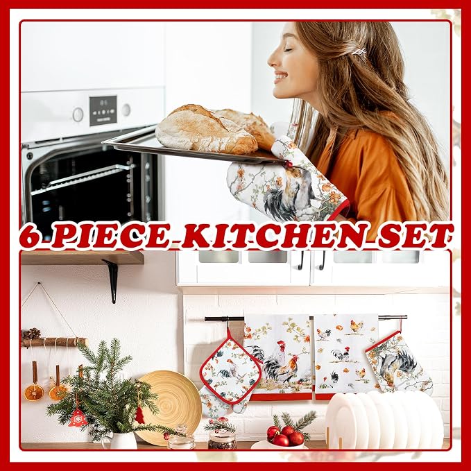 Bencailor 6 Pcs Rooster Kitchen Towels Pot Holders and Oven Mitts Set Soft Cotton Linen Dish Towel Heat Resistant Oven Mitts for Summer Kitchen Decor Cooking Baking Grilling