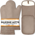 HOMWE Silicone Oven Mitts and Pot Holders, 4-Piece Set, Heavy Duty Cooking Gloves, Kitchen Counter Safe Trivet Mats, Advanced Heat Resistance (Beige, Oven Mitt & Pot Holder)