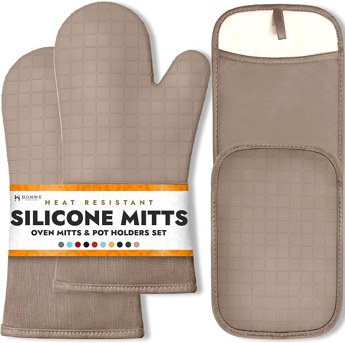 HOMWE Silicone Oven Mitts and Pot Holders, 4-Piece Set, Heavy Duty Cooking Gloves, Kitchen Counter Safe Trivet Mats, Advanced Heat Resistance (Beige, Oven Mitt & Pot Holder)