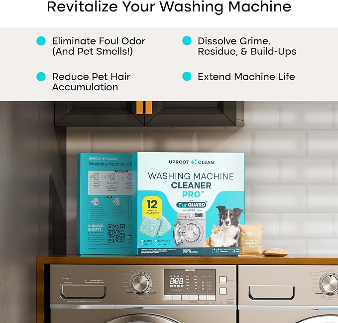 Uproot Clean Washing Machine Cleaning Tablets for Pet Owners, 24 Pack | HE/Top/Front Load Compatible, 12 Month Supply, Easily Removes Residue, Grime, and Odors, Formulated for Pet Owners