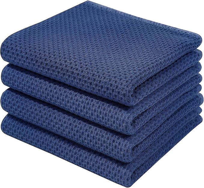 Homaxy 100% Cotton Waffle Weave Kitchen Dish Towels 4-Pack, Navy Blue | 13 x 28 Inches, Ultra Soft Absorbent Dish Towels, Quick Drying Cleaning Towels