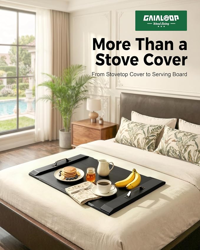 Gaialoop Noodle Board Stove Cover for Glass Electric Stovetop with Handles | Black Acacia wood stovetop cover adds counter space, elevates your kitchen, and protects most 30" glass top electric stoves