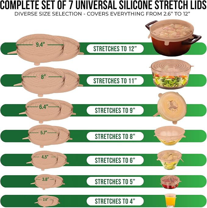 Reusable Silicone Stretch Lids for Food Storage in Fridge - Elastic Heat-Resistant Bowl Covers, Cups, Cans, Jars - Universal Food Grade Lid for Round and Rectangle Containers -7 Pack - Peach Glow