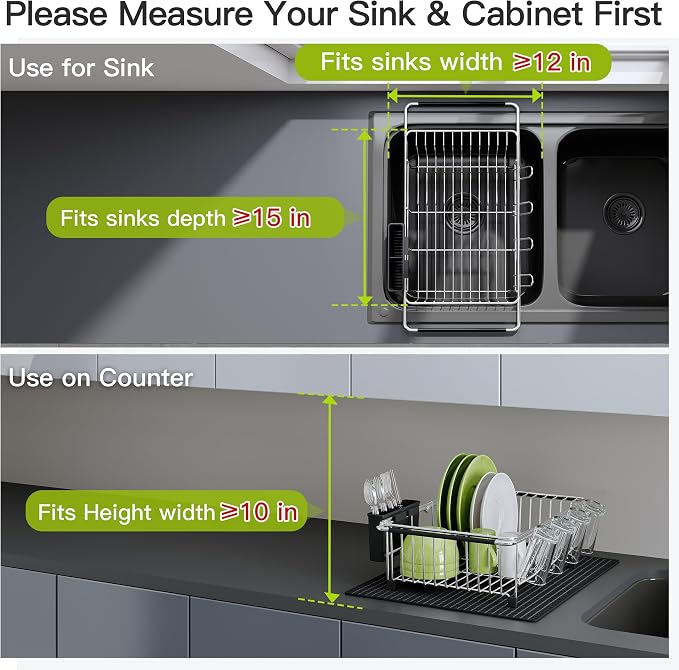 JASIWAY in Sink Dish Drying Rack with Mat, Cups and Utensil Holder | Use Over the Sink or Counter, Stainless Steel Expandable Dish Drainer for Small Kitchen, Space Saving, Fast Drain, Rustproof