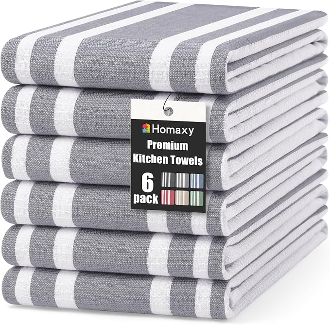Homaxy Premium Cotton Stripe Kitchen Towels 6 Pack, 18"x 28", Grey | Large 380 GSM Kitchen Hand Towels, Soft Terry Dish Towels, Highly Absorbent Tea Towel Set with Hanging Loop
