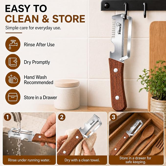 3-in-1 Multifunctional Vegetable Peeler for Kitchen | Sharp Stainless Steel Blade with Wooden Handle, Scallion Shredder and Bottle Opener Fruit and Vegetables. 2Pcs