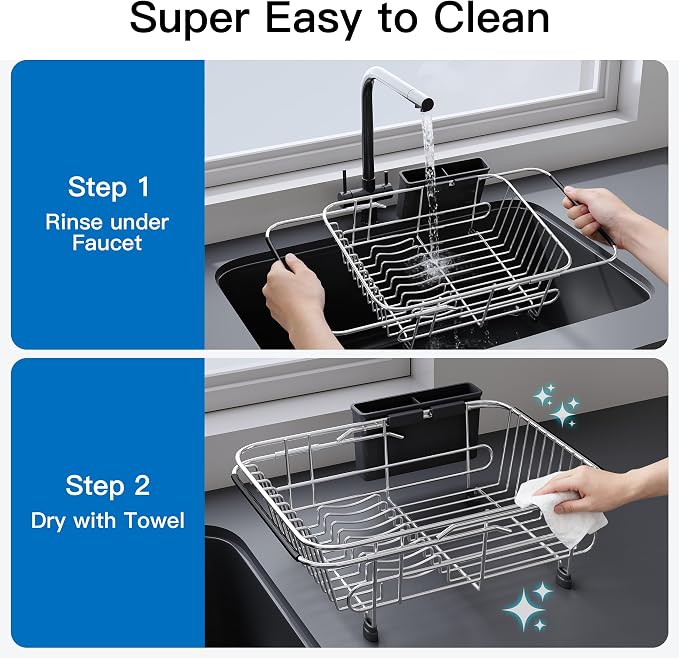 JASIWAY Sink Small Dish Drying Rack with Utensil Holder, for RV, Apartment | Over Sink Expandable Stainless Steel Dish Drainers for Compact Kitchen, Space Saving, Fast Drain, Rustproof, For 1-2 people