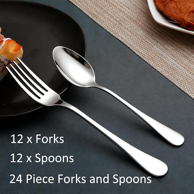 24 Piece Forks and Spoons Silverware Set for 12, Food Grade Stainless Steel Dinner Forks and Spoons (6.7 inches), Heavy-Duty Cutlery Set for Home, Kitchen and Restaurant, Dishwasher Safe