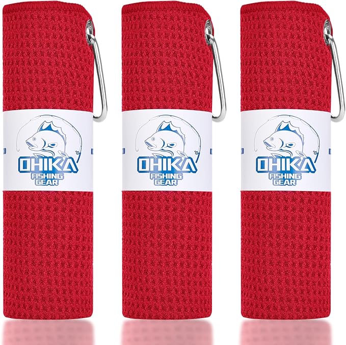 Microfiber Fishing Towels with Clip, Waffle Pattern for Effective Cleaning of Fishing Gears or Dirty Hands, 16” x 16”, Camping Towels, Hiking Towels, Pack of 3 (Red)