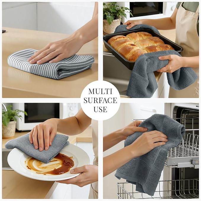 Homaxy 3 Pack Cotton Terry Premium Kitchen Towels, 18 x 28 in, Grey | Large 380 GSM Dish Towels, Highly Absorben Flat & Terry Kitchen Hand Towels, Soft Utility Tea Towel Set with Hanging Loop
