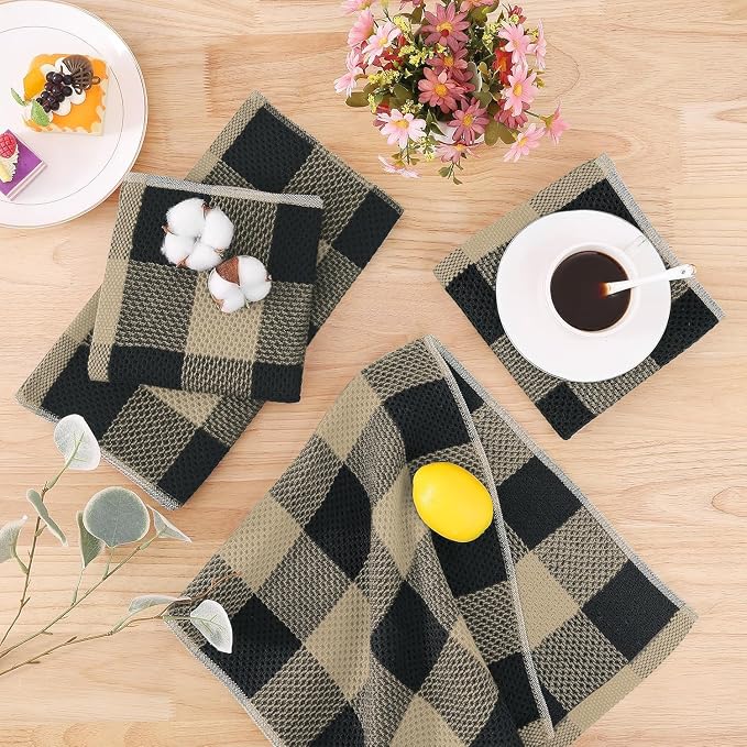 Homaxy Kitchen Towels and Dishcloths Set, Set of 12, Black & Tan | Bulk Cotton Waffle Weave Check Plaid Kitchen Towels, Super Soft and Absorbent Dish Cloths, 12 x 12 and 13 x 28 Inches