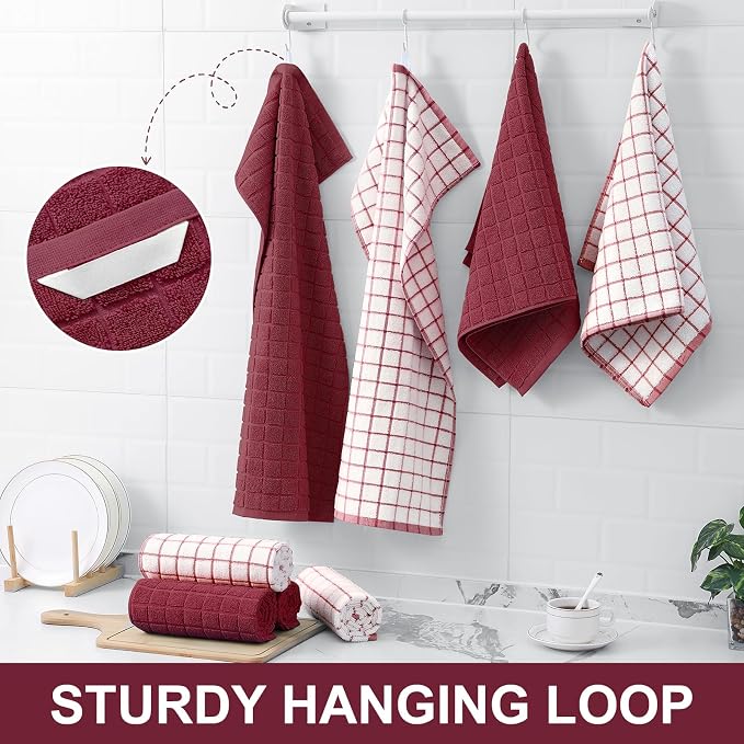 Homaxy Large Premium Cotton Kitchen Towels 16"x 28", 4 Pack, Red | Natural Ring Spun 390 GSM Dish Towels, Super Absorbent Terry Kitchen Hand Towels, Soft Tea Towels with Hanging Loop