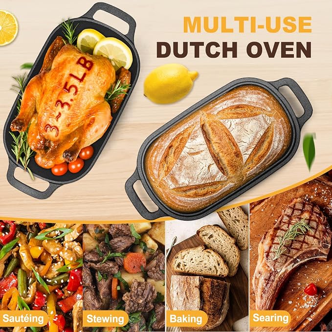 7QT Oval Dutch Oven for Sourdough Bread Baking, Pre-Seasoned Cast Iron Bread Pan with Lid, Even Heat Distribution for Homemade Bread