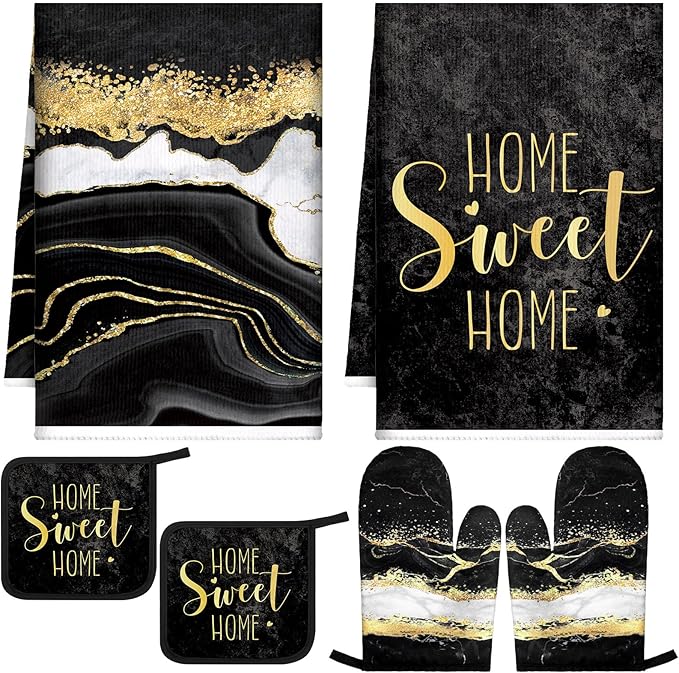 Bencailor 6 Pcs Marble Kitchen Decor Gold Pot Holders Oven Mitts 2 Dish Towels 2 Farmhouse Cooking Mittens Oven Glove and Potholder for Baking Cooking Grilling Supply Accessories(Black)