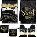 Bencailor 6 Pcs Marble Kitchen Decor Gold Pot Holders Oven Mitts 2 Dish Towels 2 Farmhouse Cooking Mittens Oven Glove and Potholder for Baking Cooking Grilling Supply Accessories(Black)