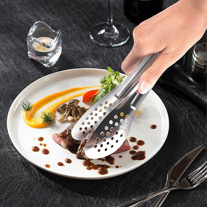 8PCS 12-Inch Serving Tongs,XEVOM Kitchen Tongs,Buffet Tongs,Stainless Steel | silver textured handles and slotted heads Food Tong small tongs,Serving Utensils for buffets, catering, and parties