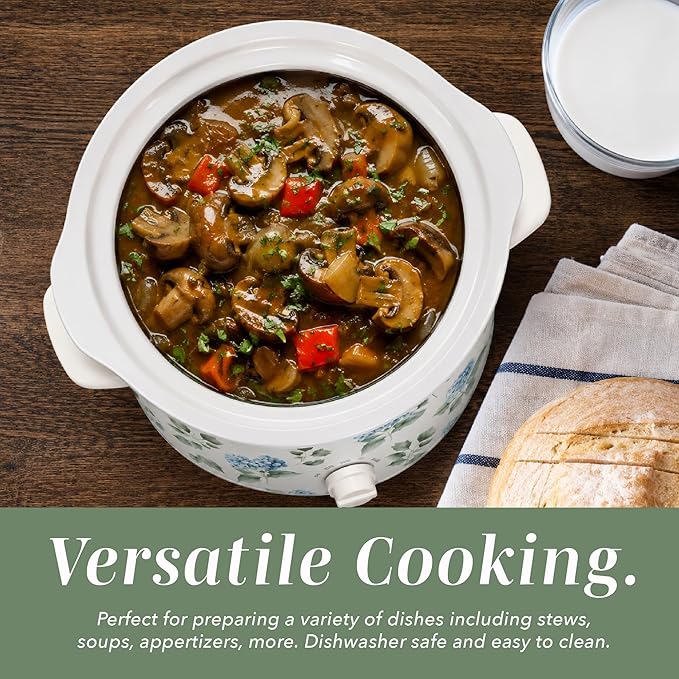 COOK WITH COLOR 2QT Mini Electric Round Slow Cooker - Adjustable Settings, Removable Stoneware Pot, Tempered Glass Lid, Dishwasher Safe, Cool-Touch Side Handles, Floral Blue/Green