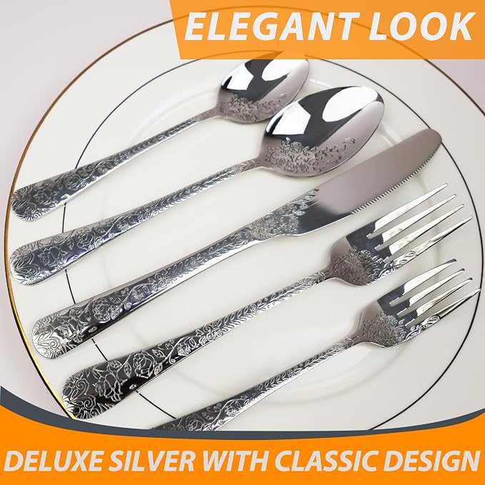 Runfly Modern Carved Floral Silver Stainless Steel 20-Piece Flatware Set | Silverware Set, Vintage Utensil Set, Cutlery Set for Home and Kitchen, with Knife/Fork/Spoon