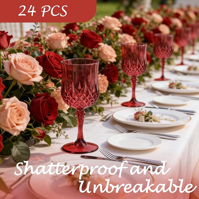 24Pack Plastic Wine Glasses, 7oz Vintage Goblets for Wedding | Unbreakable Crystal Style Reusable Stemware, Elegant Burgundy Drinking Glass for Party Anniversary & Holiday Celebration