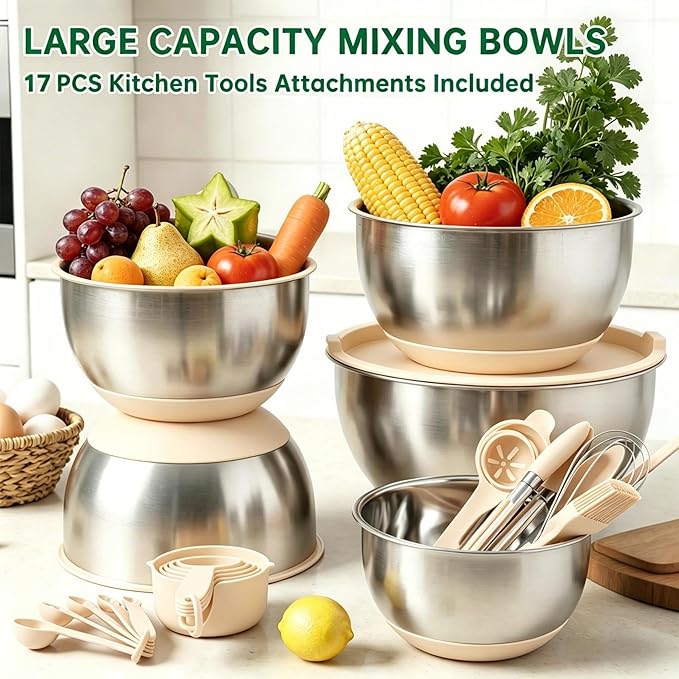 Deedro Mixing Bowls with Airtight Lids, 22Pcs Stainless Steel Mixing Bowls Set, Nesting Bowls with Non-Slip Silicone Base, thicker Metal Bowls for Baking & Prepping, 1.5/2/3/4/5 QT, Khaki
