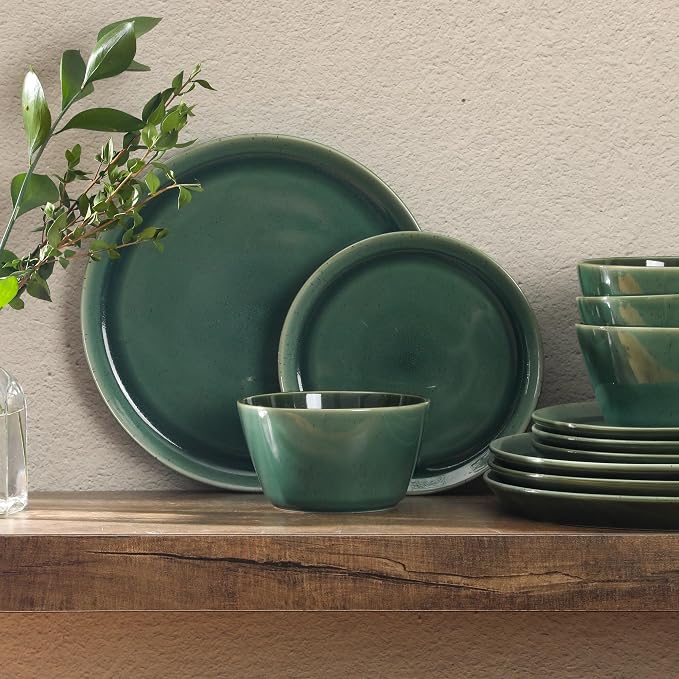 Gibson Elite 12 Piece (Service for 4) Fern Canyon Plates and Bowls Reactive Glaze Modern Coupe Round Dishes Stoneware Ceramic Dinnerware Set - Glossy Green