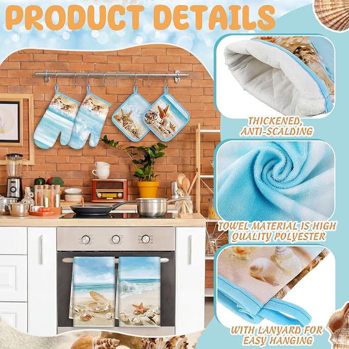 SiliFine 12 Pcs Beach Seashell Kitchen Accessories Set Coastal Starfish Pot Holders Seashell Oven Mitts Ocean Beach Kitchen Towels for Summer Home Decorations, Cooking Baking Housewarming Gifts