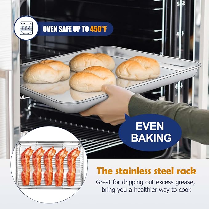 12.5” Baking Sheet Pan with Rack, Joyfair Stainless Steel Toaster Oven Tray | Bakeware Cookie Pan & Cooling Rack for kitchen bake Jelly Roll/Bacon/Meat, Commercial Metal & Rust-free, Dishwasher Safe