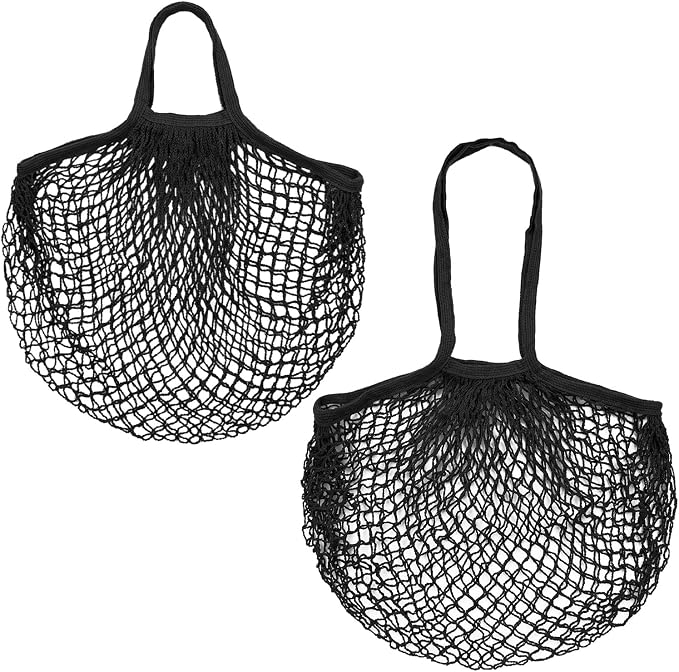 M METERXITY 2-Pack Cotton Mesh Bag, Reusable Washable Mesh Net String Grocery Bags, Reusable Produce Bags with Handle, Net Tote Bag for Fruits/Vegetables Shopping [Black, Long&Short Handle]