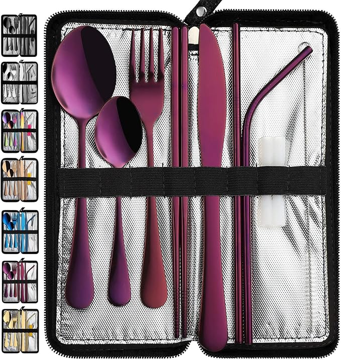 VANDBAO Portable Travel Utensils, Reusable Silverware with Case for Fixing Tableware, 9 Pieces Stainless Steel Stable Flatware Set, Camping Picnic Cutlery Set (Purple Set)