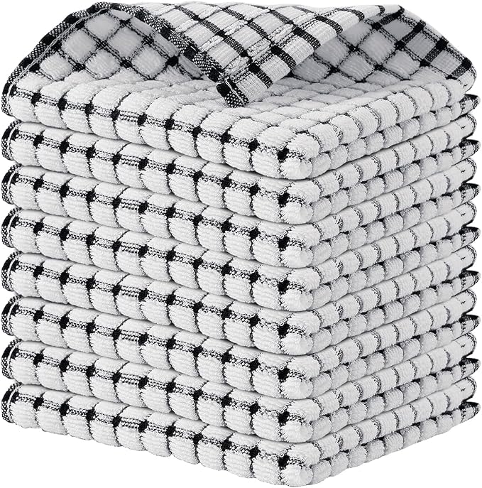 Kitinjoy Cotton 8 Pack Terry Kitchen Dish Cloths, Black | 12 x 12 Inches Super Soft and Absorbent Dish Rags, Quick Drying Dish towels for Washing Dishes