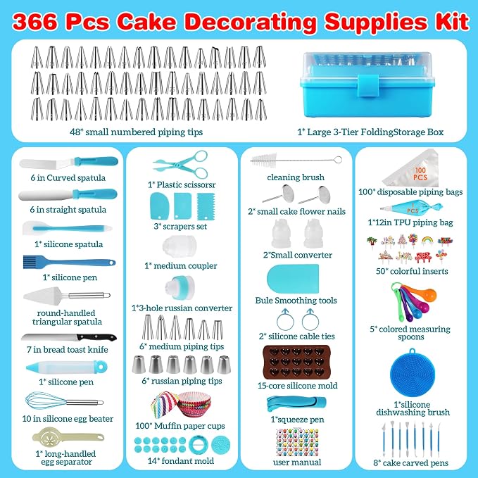 366-Piece Cake Decorating Kit, 60 Piping Tips with Storage Box | Complete set with 60 stainless steel piping tips, 100 piping bags, spatulas, scrapers, molds and a 3-tier storage box.