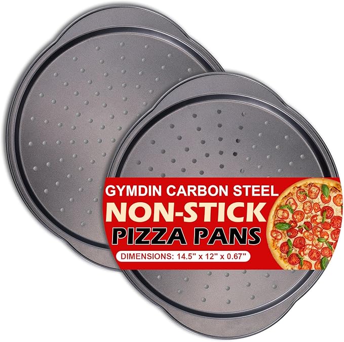 13" Round Pizza Pan for Oven, 2 Pack | Non-stick Carbon Steel, With Holes, Handle, Easy to Clean, Oven Safe