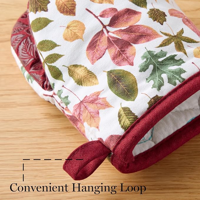 MARTHA STEWART Autumn Harvest Falling Leaves Mini Oven Mitt 2-Pack Set, 100% Cotton with Decorative Non-Slip Silicone Grip, Heat Resistant, Tan/Red/Green, 5.5"X8"