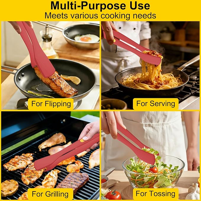 Beijiyi Silicone Kitchen Tongs for Cooking, 9" & 12", Heat Resistant (Red) | BPA-Free Silicone Tip, Non-Stick Safe, Stainless Steel Core, Food Tongs for Cooking, Serving and Grilling, Dishwasher Safe