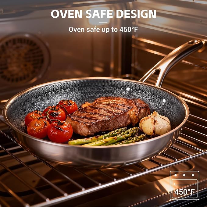 Ammeloo Hybrid Tri-Ply Stainless Steel Frying Pan Set, 8"/9.5"/11" Cooking Pans, Non Stick Frying Pans and Skillets, Chef Pan, Non Toxic, Dishwasher Safe, Induction Compatible, Black Interior