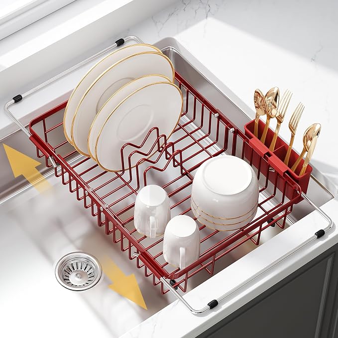 JASIWAY Red Dish Drying Rack Over the Sink with Utensil Holder | Expandable Stainless Steel Dish Driainers for Small Kitchen, Counter Space Saving, Fast Drain, Rust Resistant, For Apartment