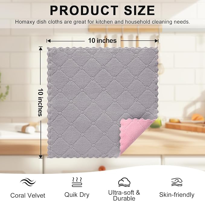 Homaxy 12 Pack Super Soft Dish Cloths, 10" x 10", Grey & Pink | Coral Velvet, Nonstick Oil Fast Drying Microfiber Cleaning Cloth, No Lint Household Dishcloths